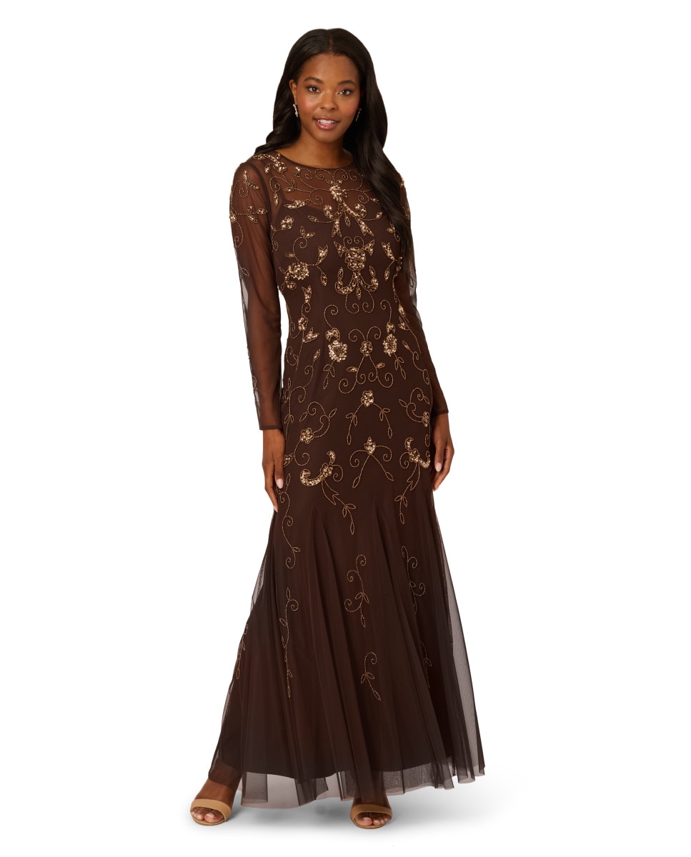 Adrianna Papell - Vestido largo con pedreria y transparencias.