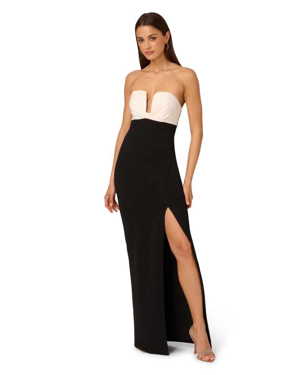 Imagen 1 de Vestido largo bicolor con escote corazón y abertura - Negro Negro