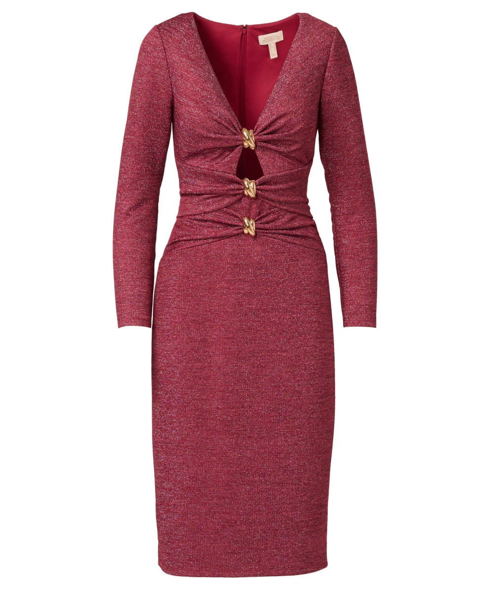 Imagen 5 de Vestido midi brillante con frunces y escote profundo - Adrianna Papell - Burdeos Burdeos