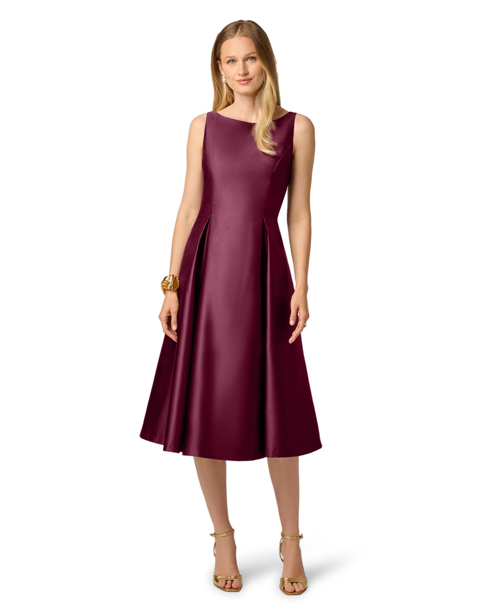 Vestido midi con escote barco, corte evasé y pliegues - Adrianna Papell - Morado Morado-1