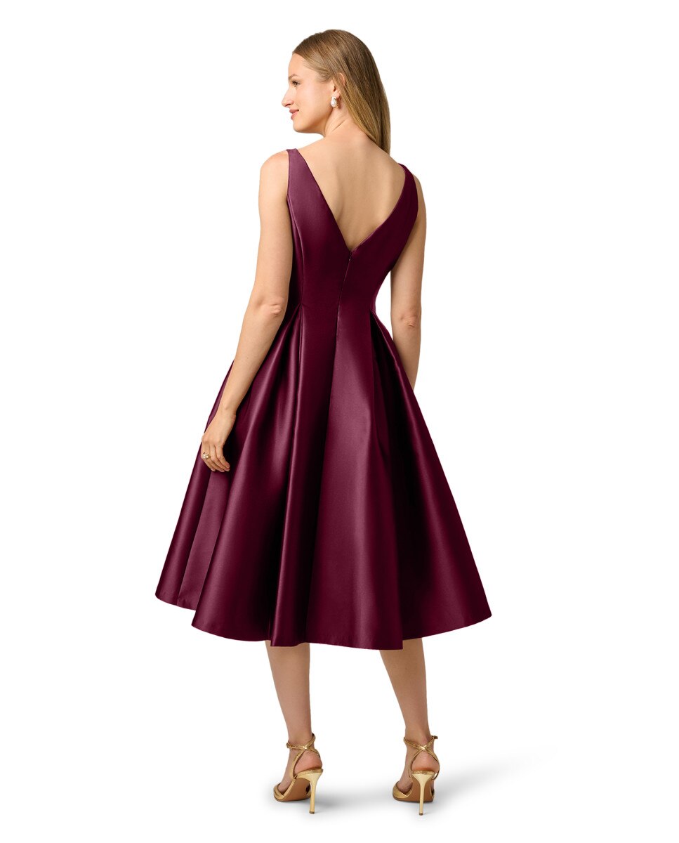 Vestido midi con escote barco, corte evasé y pliegues - Adrianna Papell - Morado Morado-2