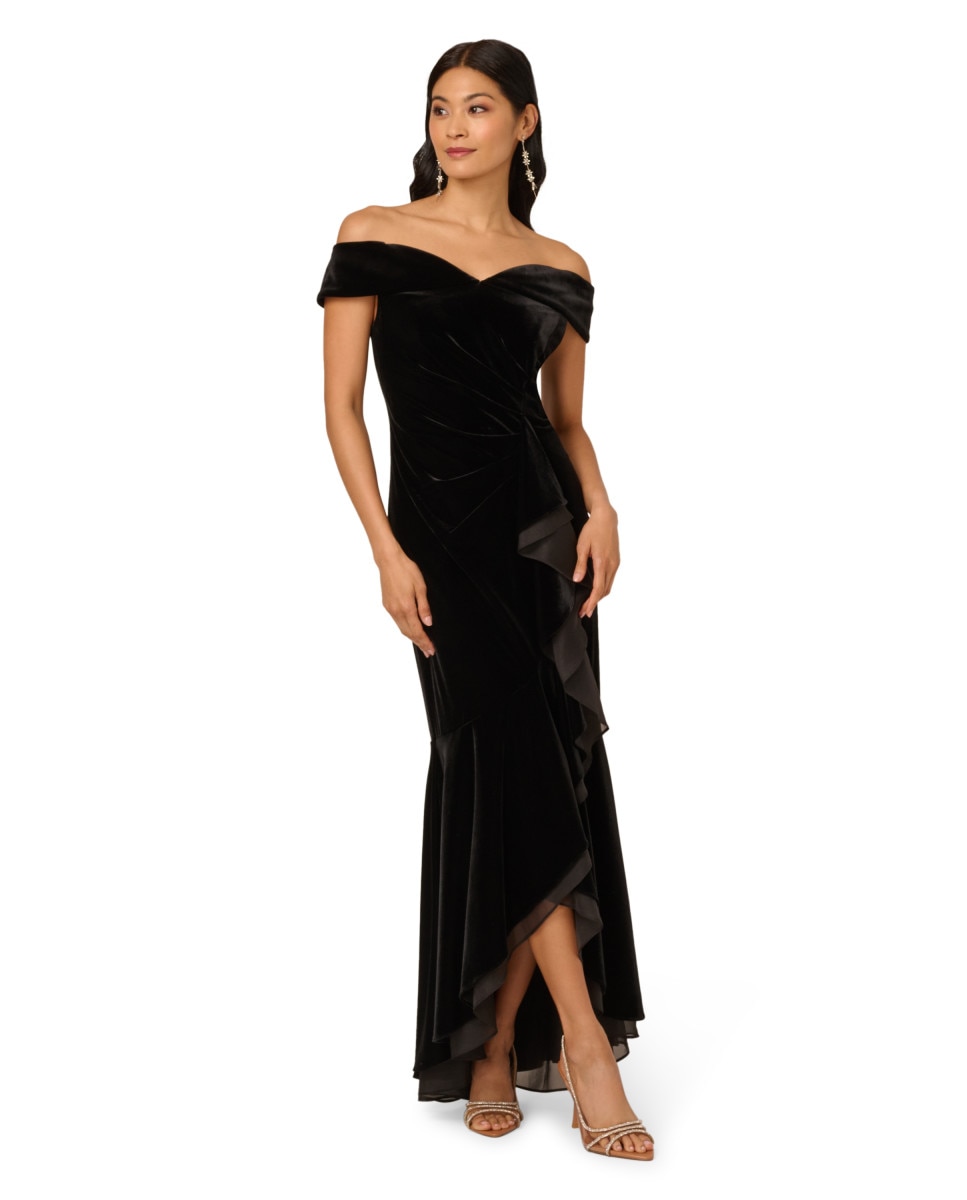 Vestido largo con terciopelo, volante y escote bardot - Adrianna Papell - Negro Negro-1