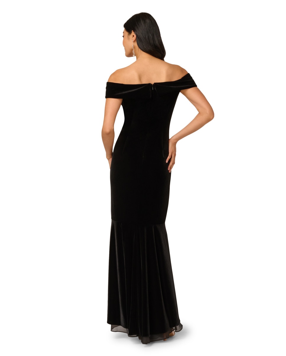 Vestido largo con terciopelo, volante y escote bardot - Adrianna Papell - Negro Negro-2