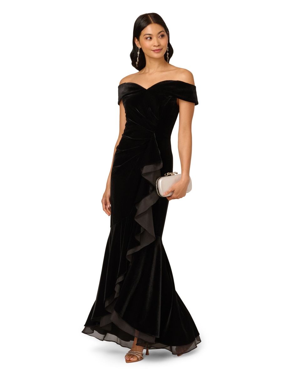 Vestido largo con terciopelo, volante y escote bardot - Adrianna Papell - Negro Negro-3