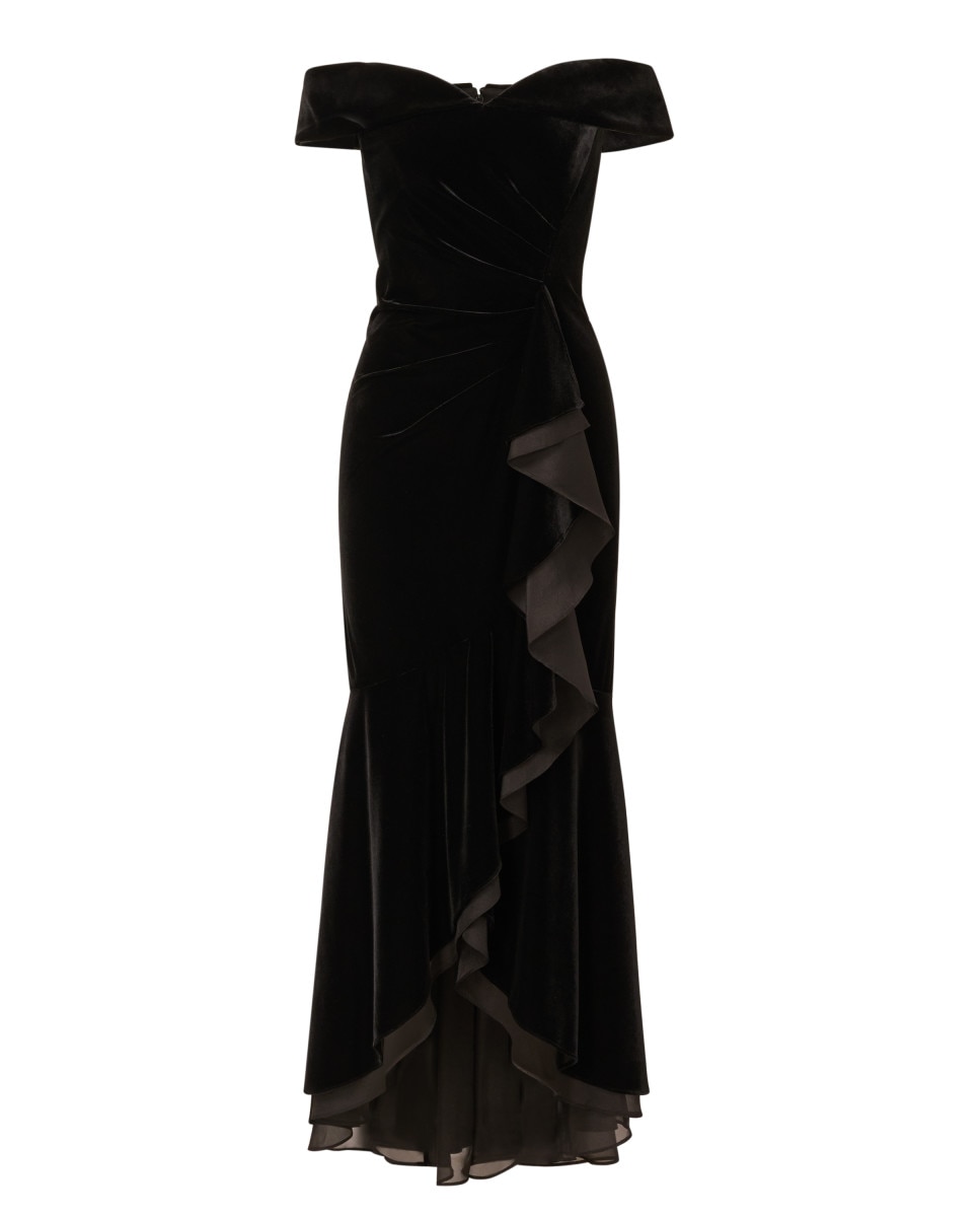 Vestido largo con terciopelo, volante y escote bardot - Adrianna Papell - Negro Negro-4