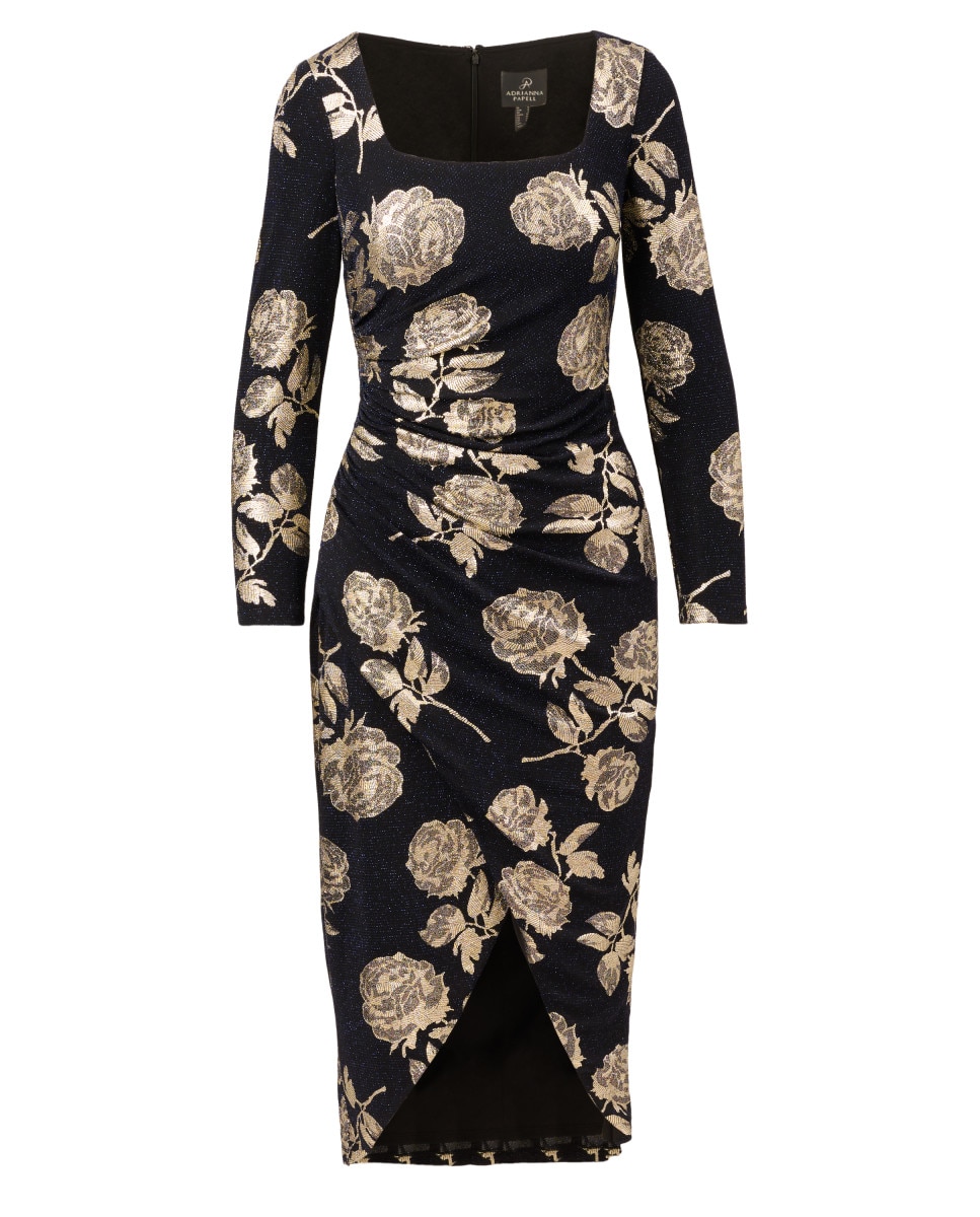 Imagen 5 de Vestido midi estampado con fruncido y abertura frontal - Adrianna Papell - Dorado Dorado