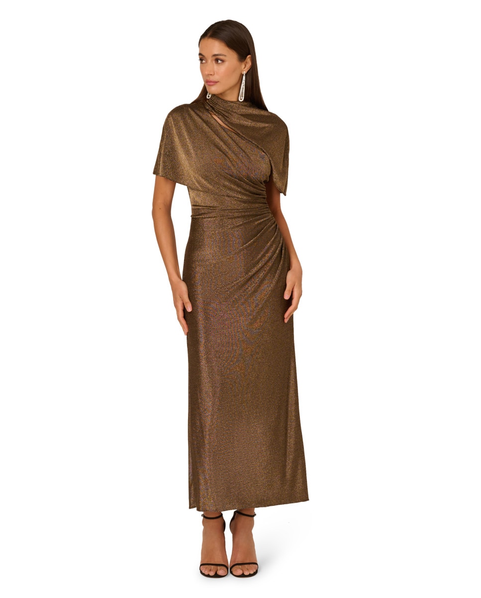 Vestido largo drapeado con hombros cubiertos - Adrianna Papell - Marrón Marrón-1