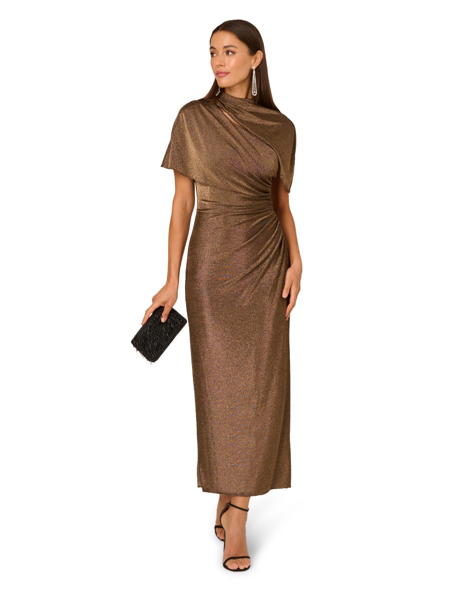 Vestido largo drapeado con hombros cubiertos - Adrianna Papell - Marrón Marrón-3