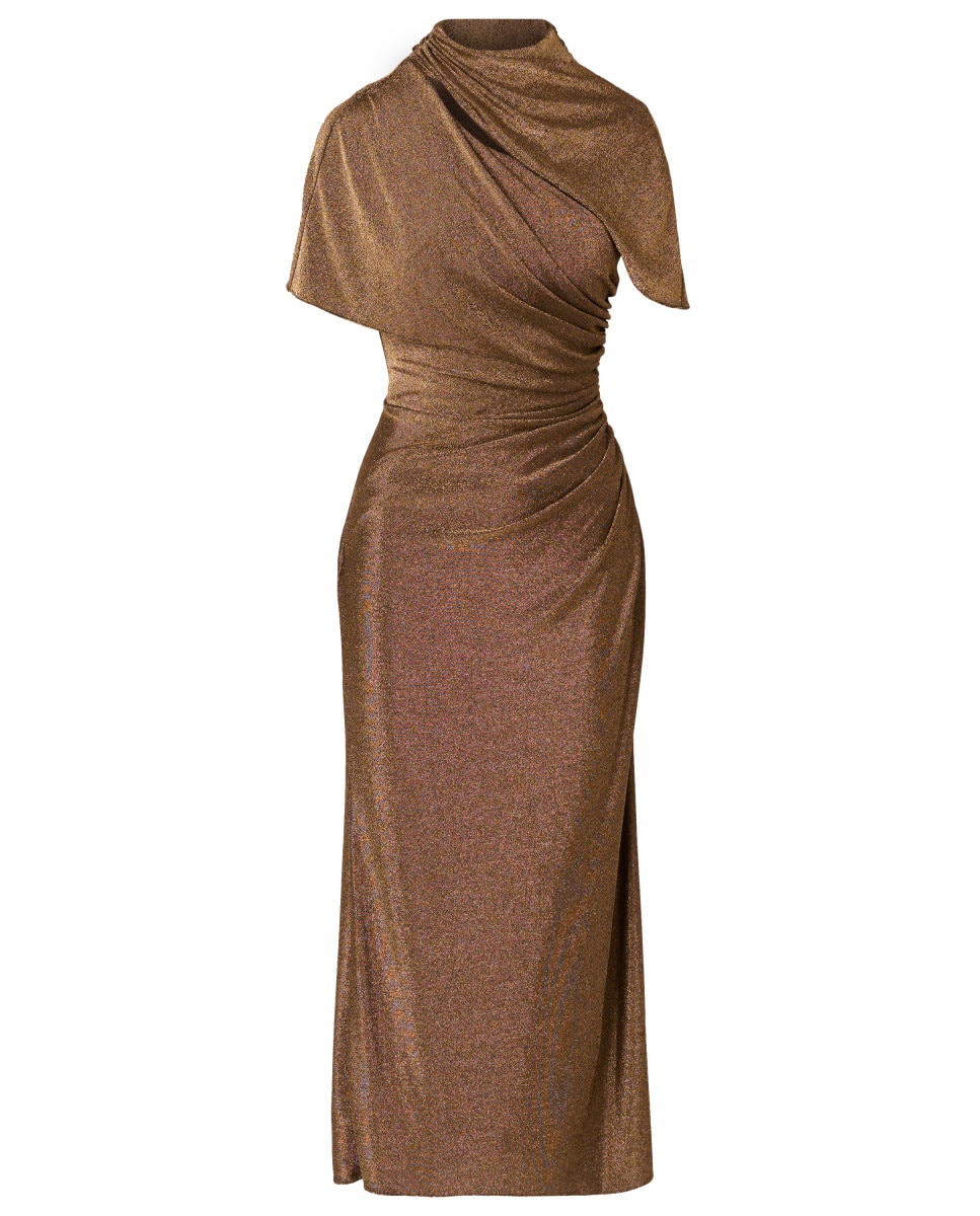 Vestido largo drapeado con hombros cubiertos - Adrianna Papell - Marrón Marrón-4