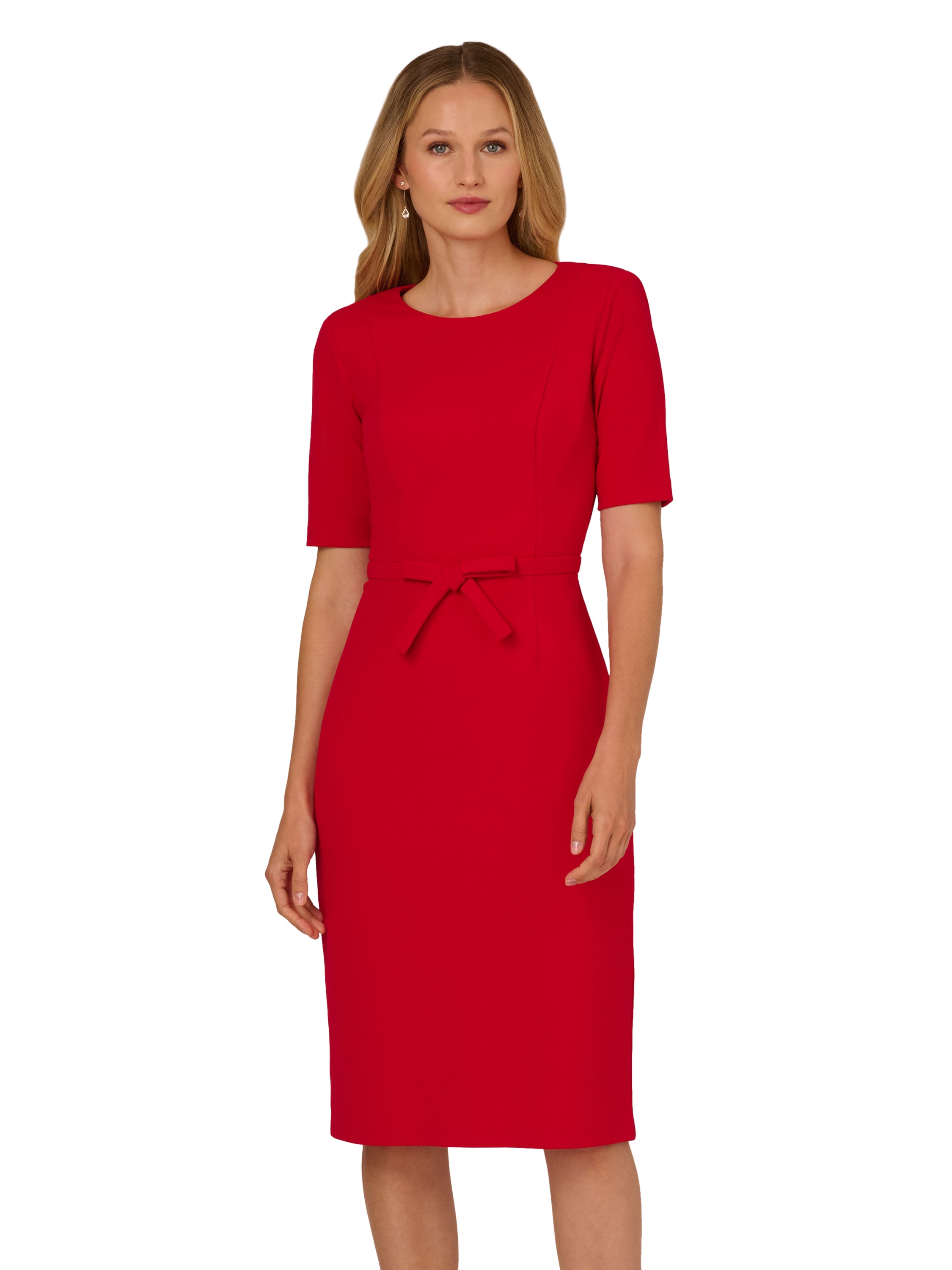 Vestido de manga corta con lazo en la cintura - Adrianna Papell - Rojo Rojo-3
