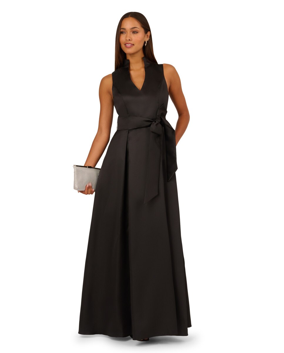 Vestido con escote en uve y lazo a la cintura - Adrianna Papell - Negro Negro-3