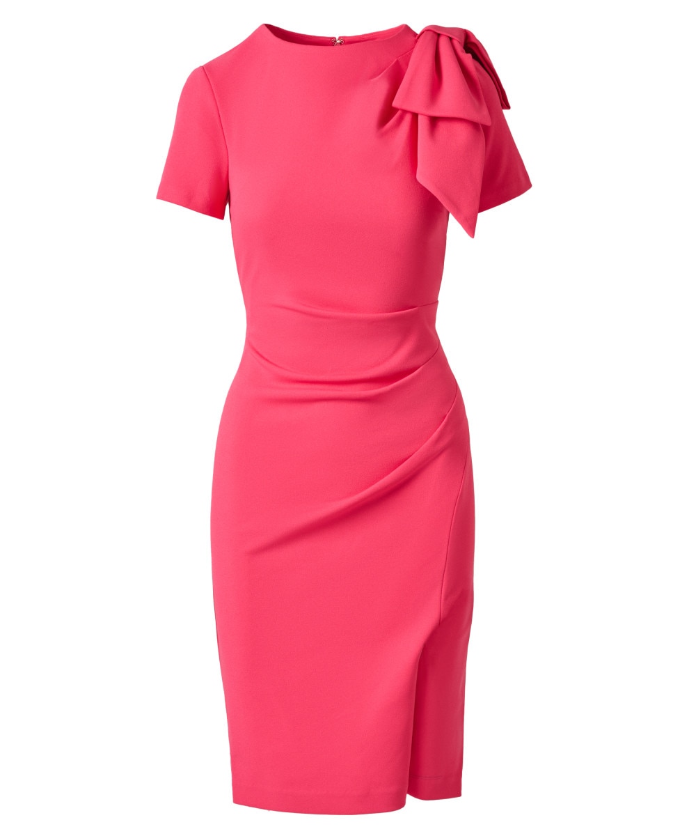 Vestido drapeado con lazo al hombro - Adrianna Papell - Rojo Rojo-5