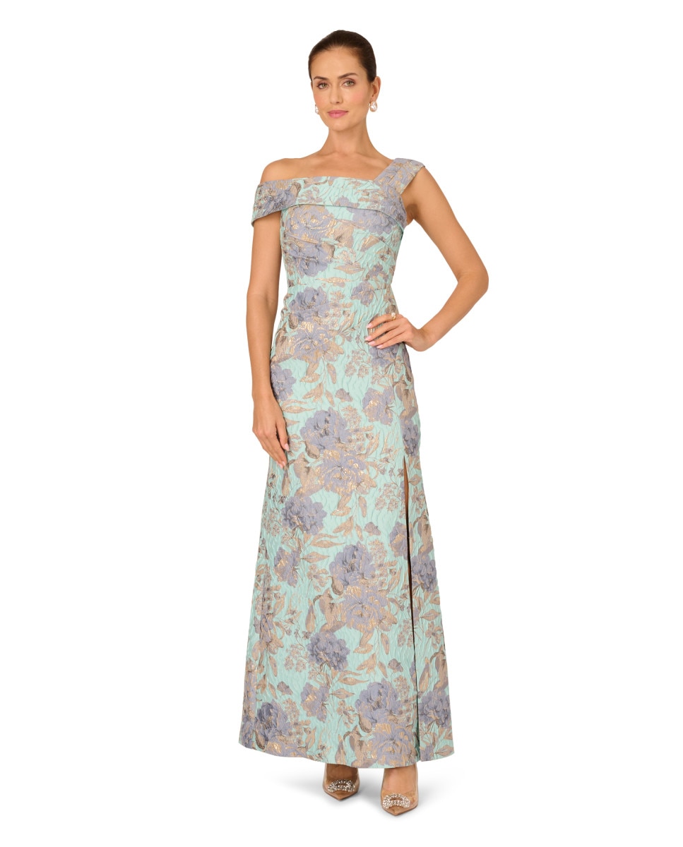 Vestido largo jacquard floral con escote asimétrico - Adrianna Papell - Azul / Blanco Azul / Blanco-1