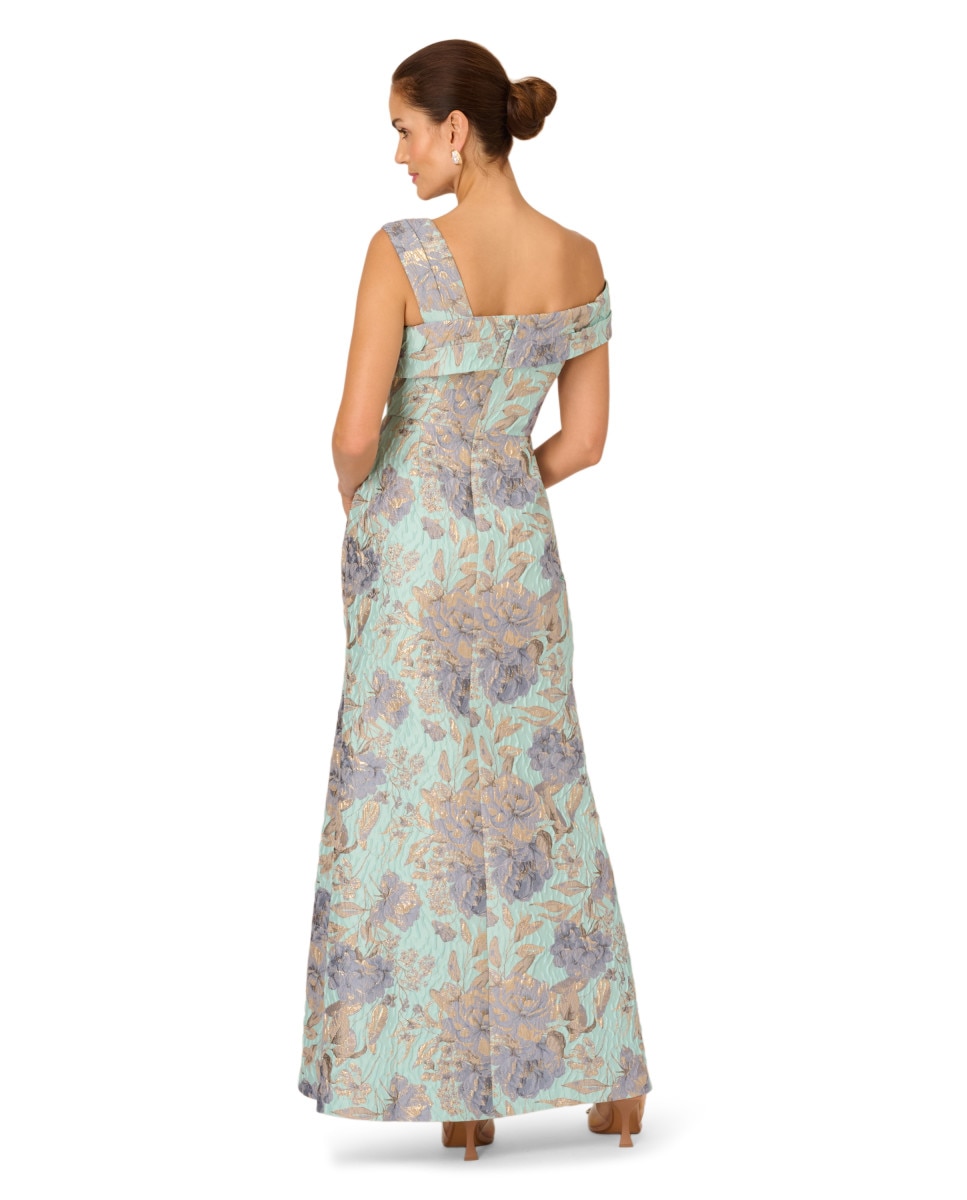 Vestido largo jacquard floral con escote asimétrico - Adrianna Papell - Azul / Blanco Azul / Blanco-2