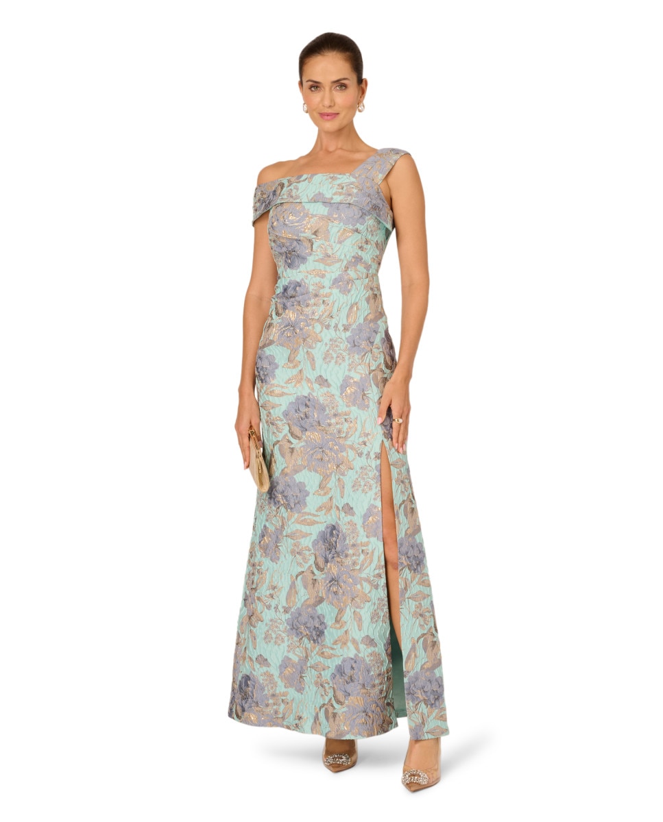 Vestido largo jacquard floral con escote asimétrico - Adrianna Papell - Azul / Blanco Azul / Blanco-3