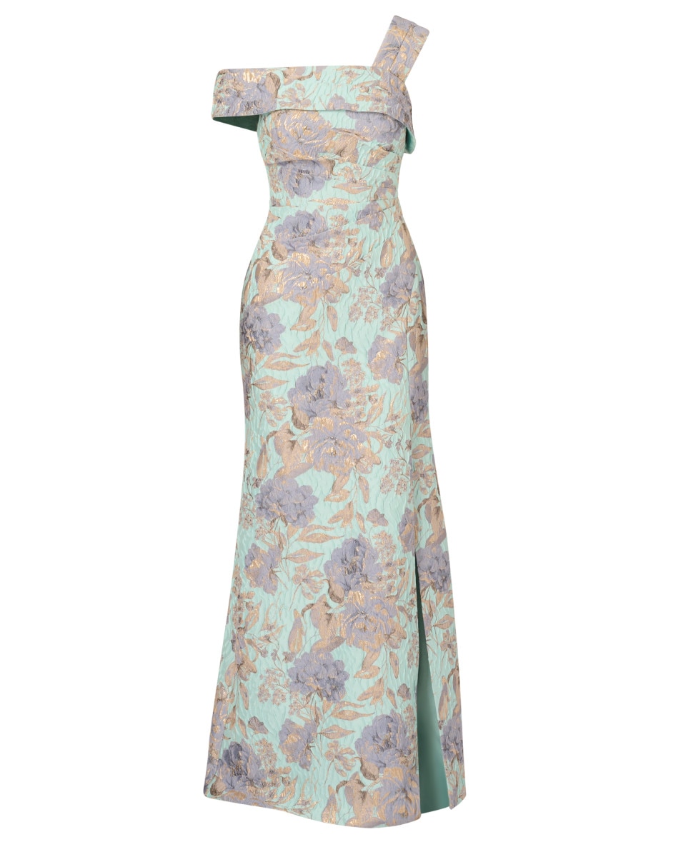 Vestido largo jacquard floral con escote asimétrico - Adrianna Papell - Azul / Blanco Azul / Blanco-5