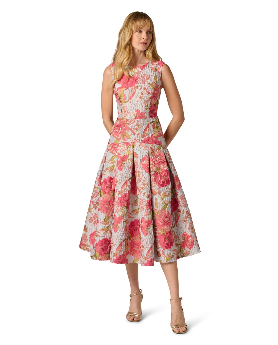 Adrianna Papell - Vestido midi floral con textura sin mangas.
