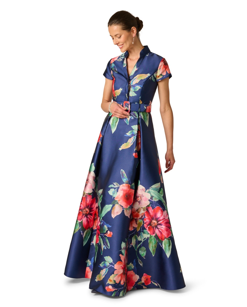 Vestido floral con escote en uve y cinturón - Adrianna Papell - Multicolor Multicolor-2