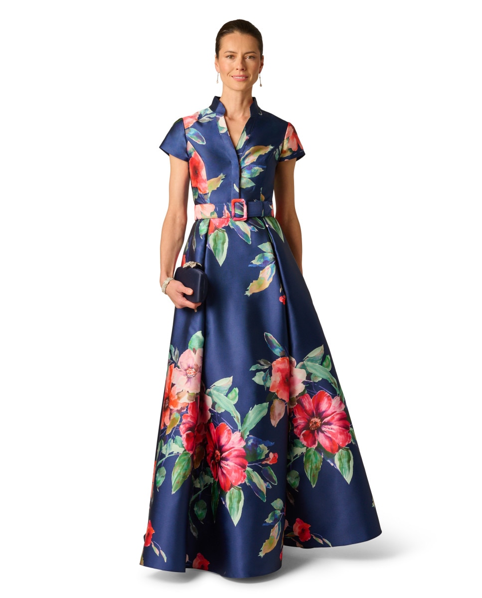 Vestido floral con escote en uve y cinturón - Adrianna Papell - Multicolor Multicolor-4