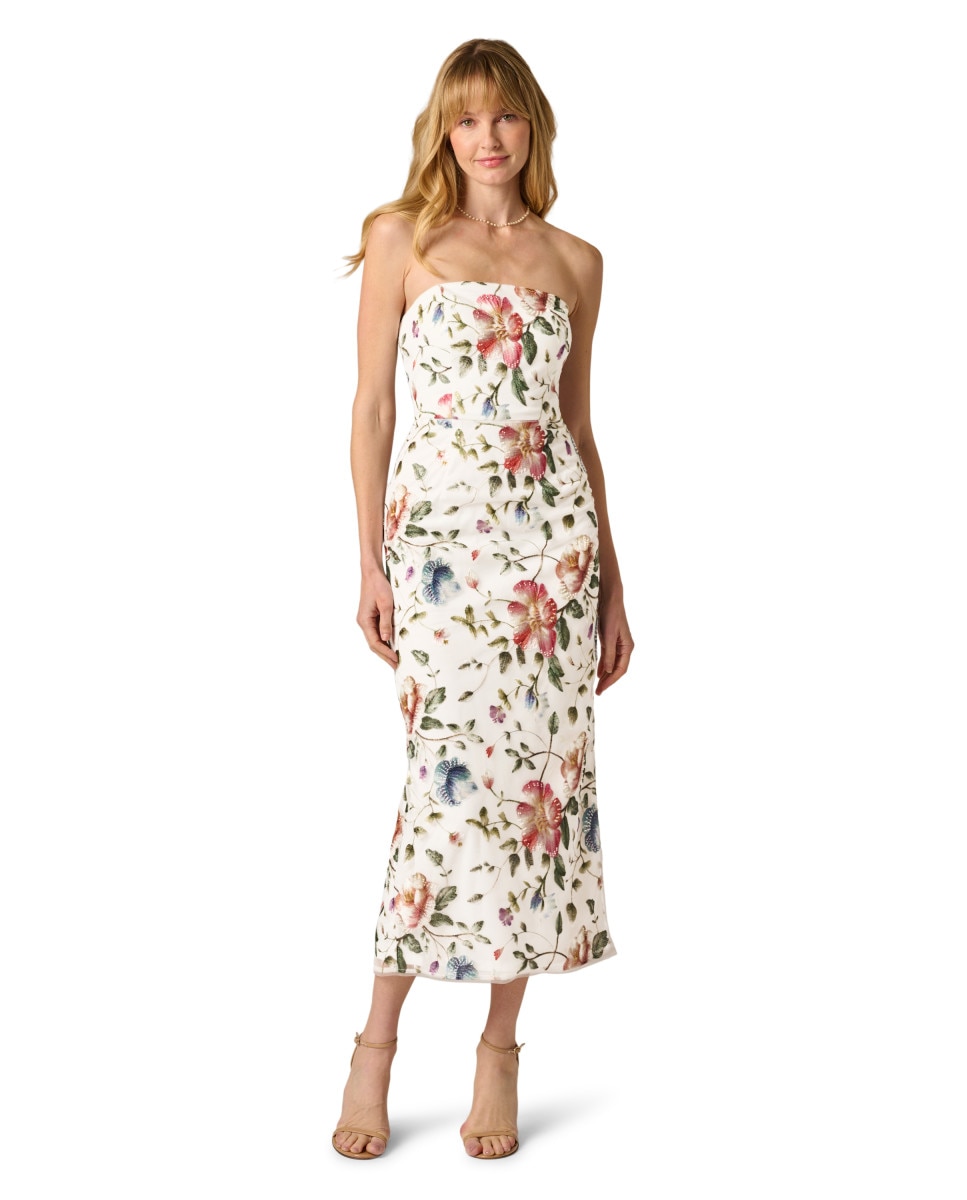 Adrianna Papell - Vestido midi floral con escote palabra de honor.