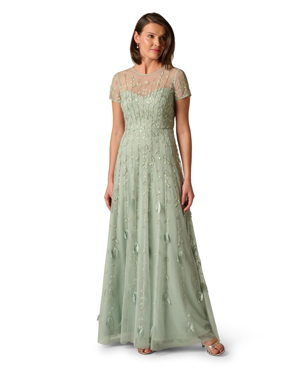 Vestido largo con floral y transparencias de manga corta - Adrianna Papell - Verde claro Verde claro-1