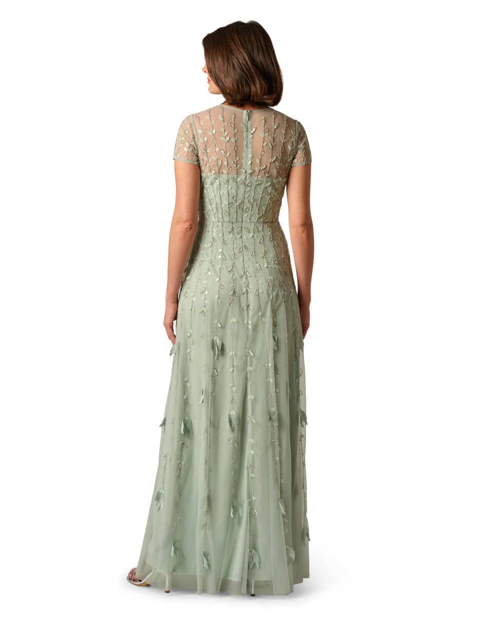 Vestido largo con floral y transparencias de manga corta - Adrianna Papell - Verde claro Verde claro-2