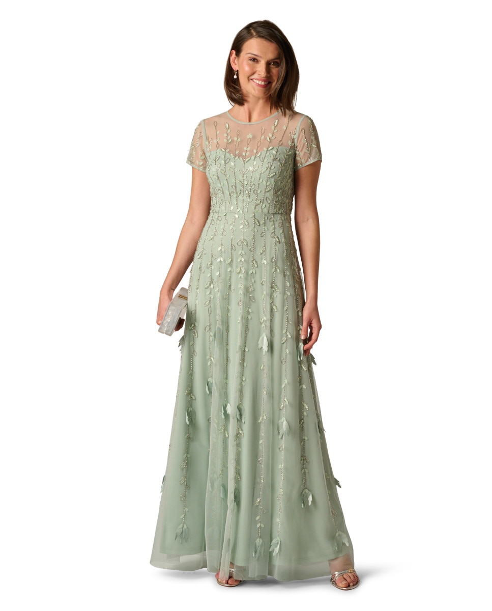 Vestido largo con floral y transparencias de manga corta - Adrianna Papell - Verde claro Verde claro-3
