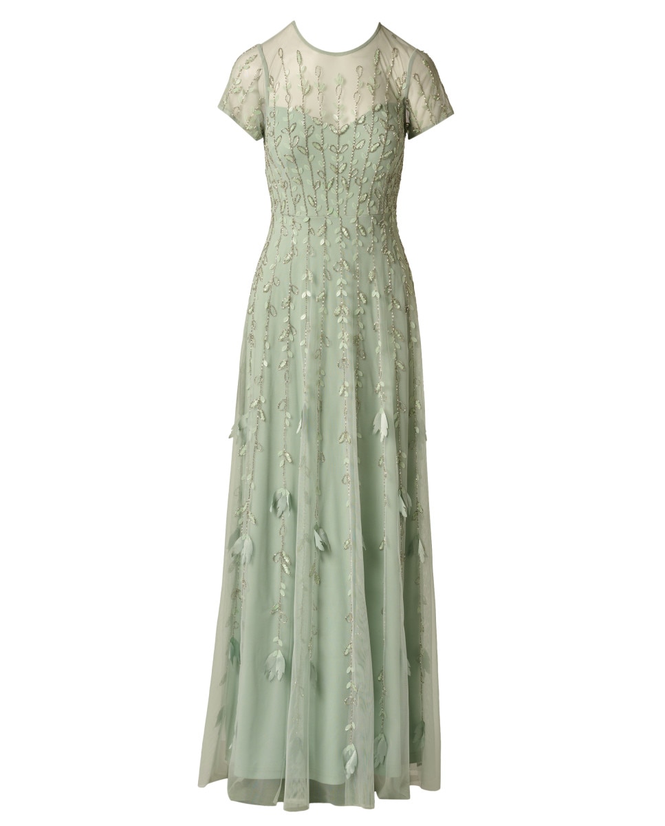 Vestido largo con floral y transparencias de manga corta - Adrianna Papell - Verde claro Verde claro-5