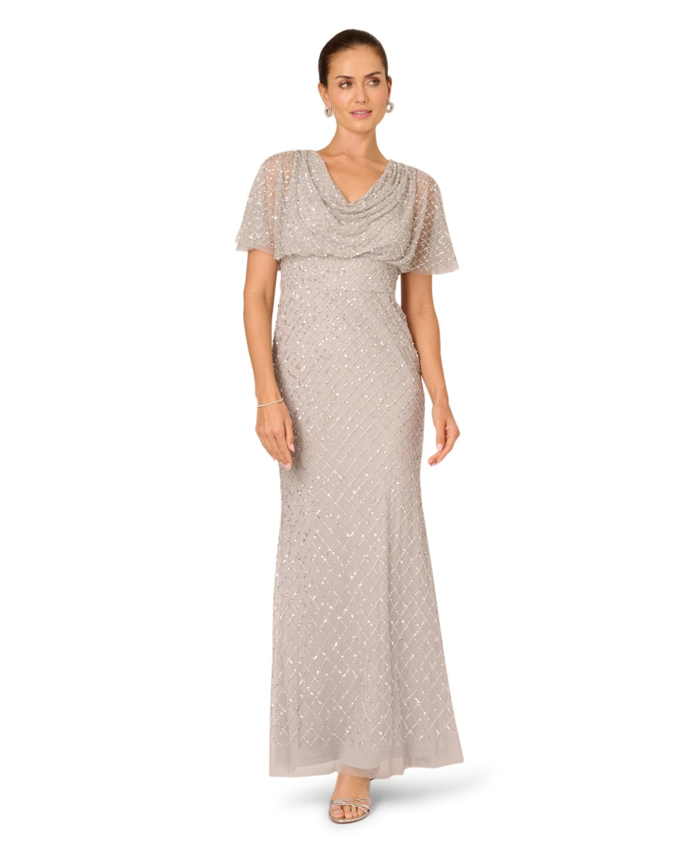Adrianna Papell - Vestido largo con cuello vuelto holgado y lentejuelas.