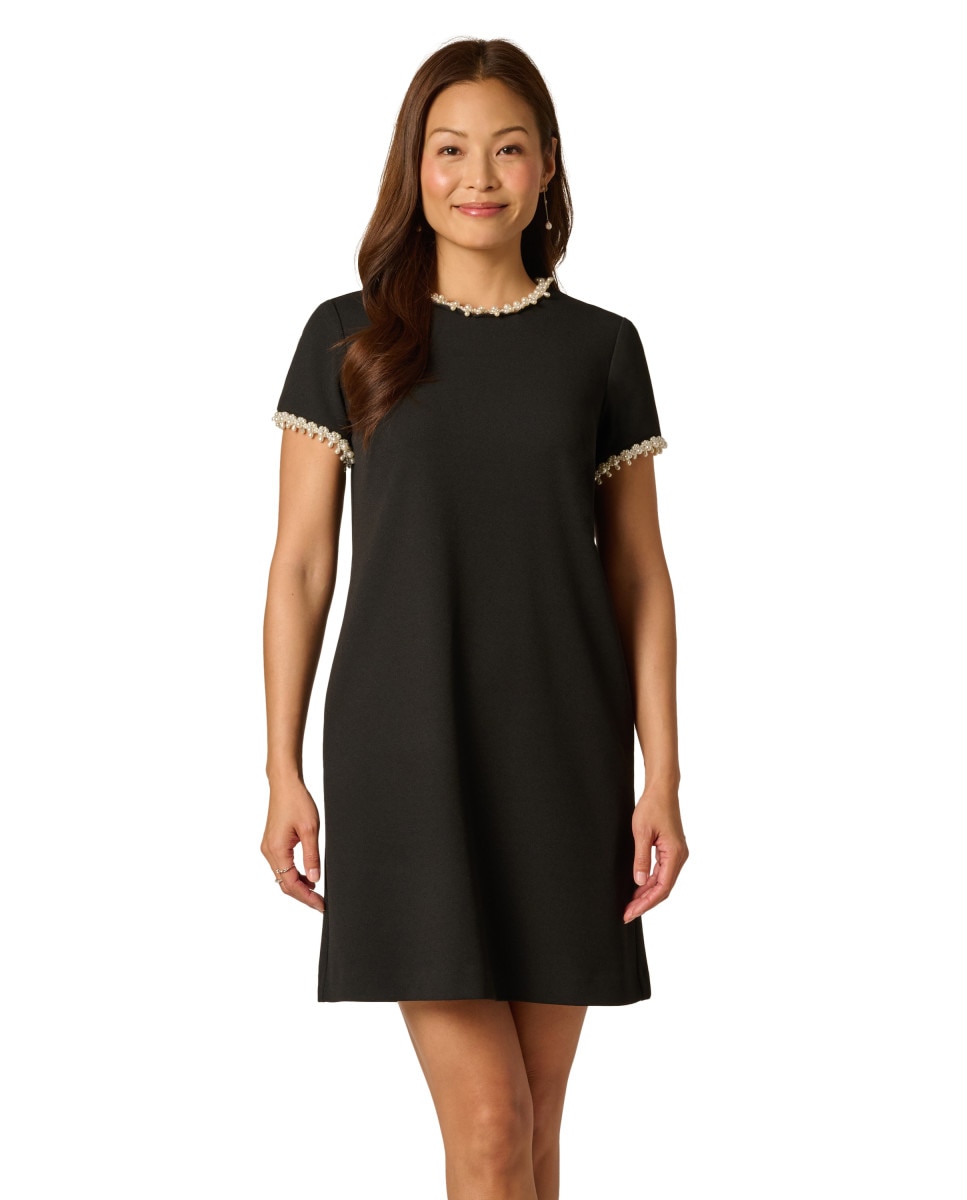 Vestido de manga corta con perlas - Adrianna Papell - Negro Negro-1
