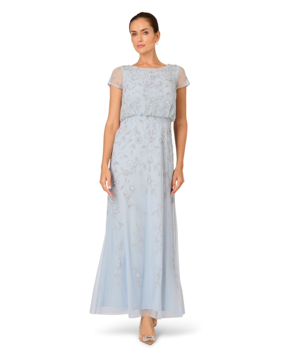 Adrianna Papell - Vestido estilo blusón de manga corta con pedrería.