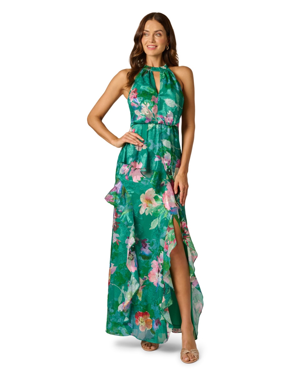 Adrianna Papell - Vestido floral con escote halter y volantes.