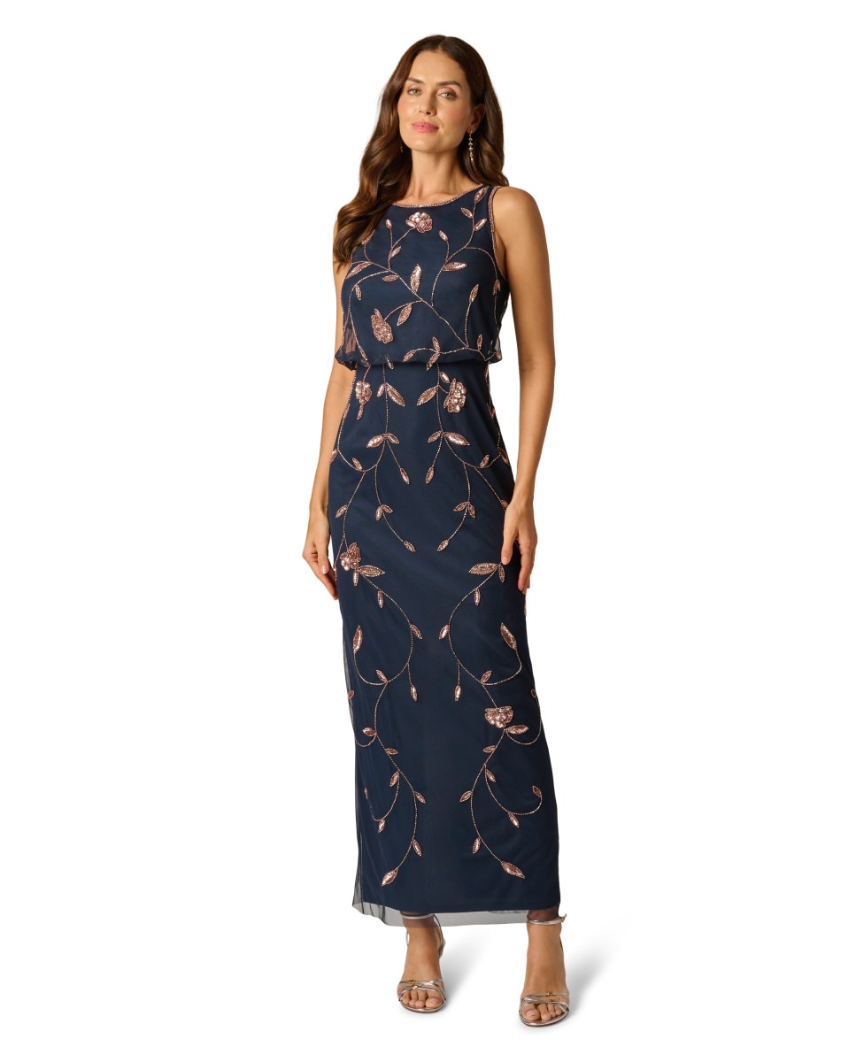 Adrianna Papell - Vestido estilo blusón con pedrería y lentejuelas.