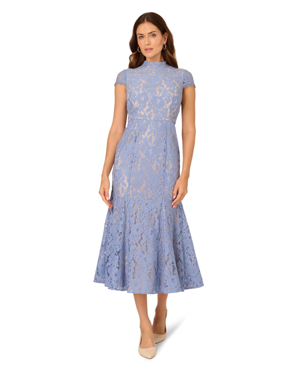 Adrianna Papell - Vestido midi con encaje floral de manga corta.