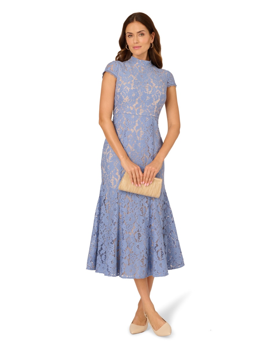 Vestido midi de encaje de cuello vuelto - Adrianna Papell - Azul claro Azul claro-3