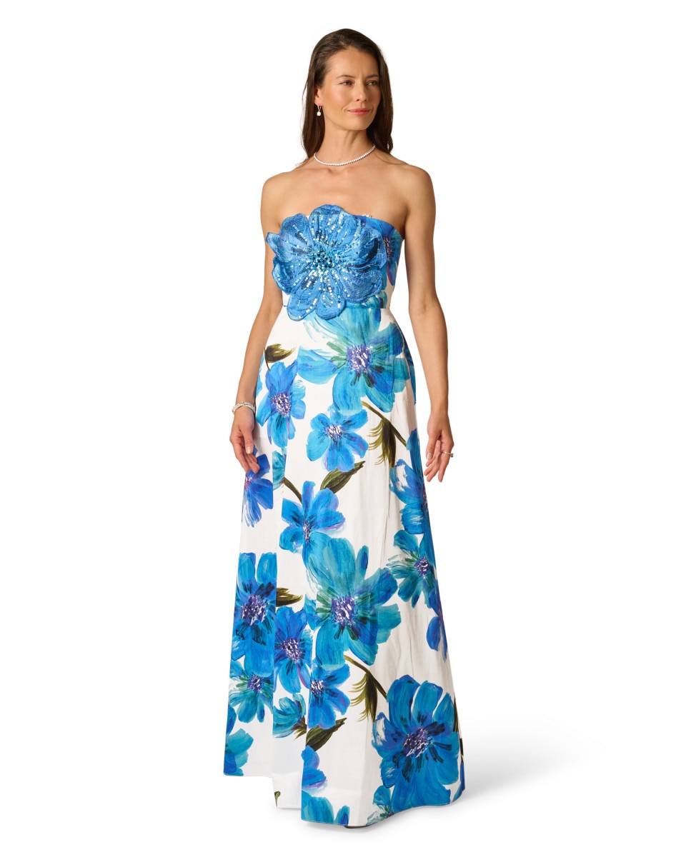 Vestido de estampado con gran flor en el pecho - Adrianna Papell - Azul Azul-1