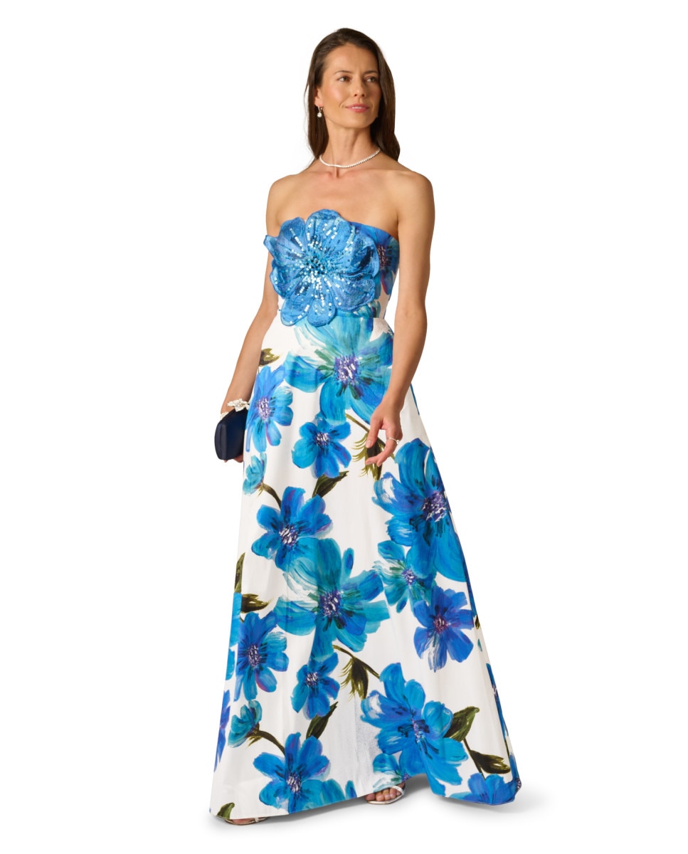 Vestido de estampado con gran flor en el pecho - Adrianna Papell - Azul Azul-3