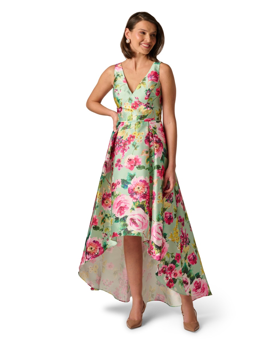 Adrianna Papell - Vestido con dobladillo asimétrico con escote en uve.