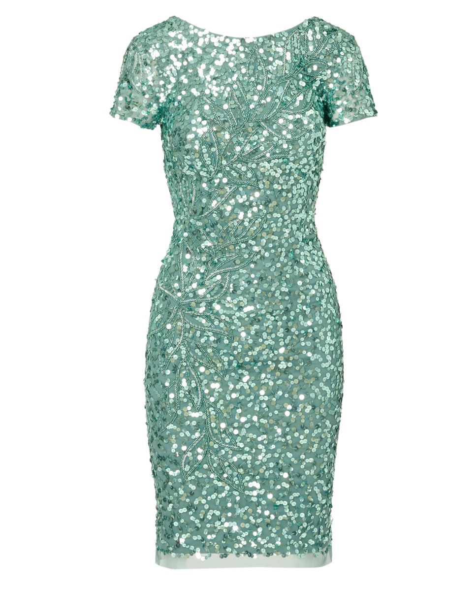 Vestido corto de lentejuela floral de manga corta - Adrianna Papell - Verde Verde-5