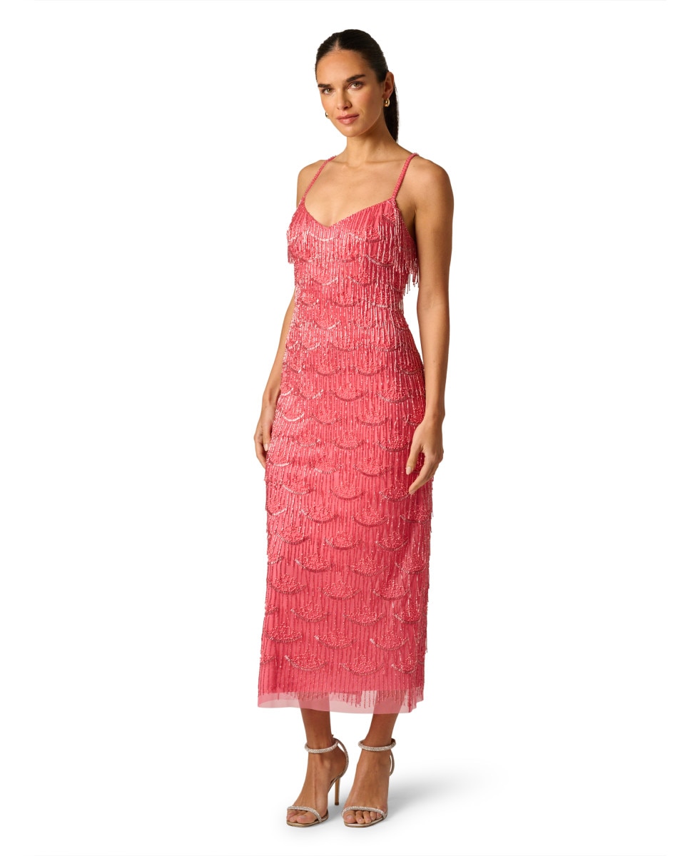 Vestido de tirantes con pedrería y flecos - Adrianna Papell - Rosa Rosa-1