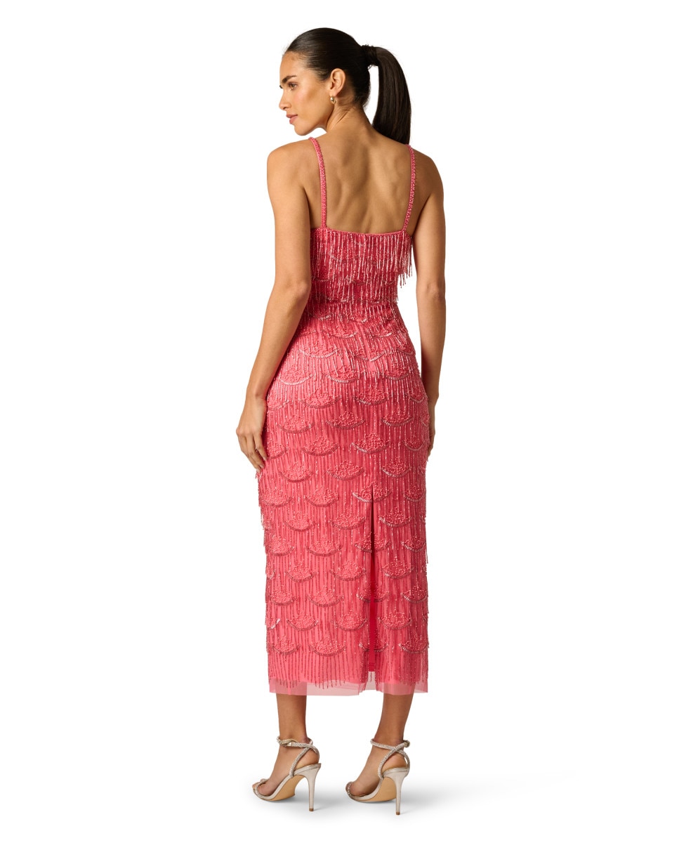 Vestido de tirantes con pedrería y flecos - Adrianna Papell - Rosa Rosa-2
