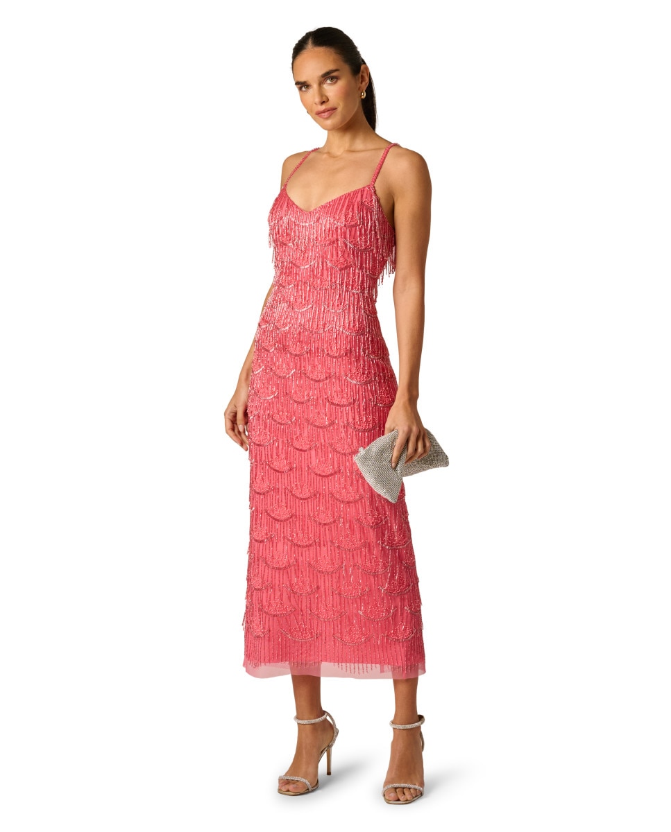 Vestido de tirantes con pedrería y flecos - Adrianna Papell - Rosa Rosa-3