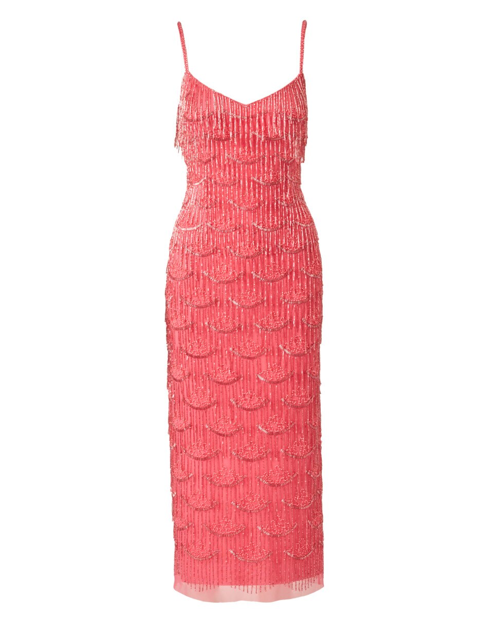 Vestido de tirantes con pedrería y flecos - Adrianna Papell - Rosa Rosa-5