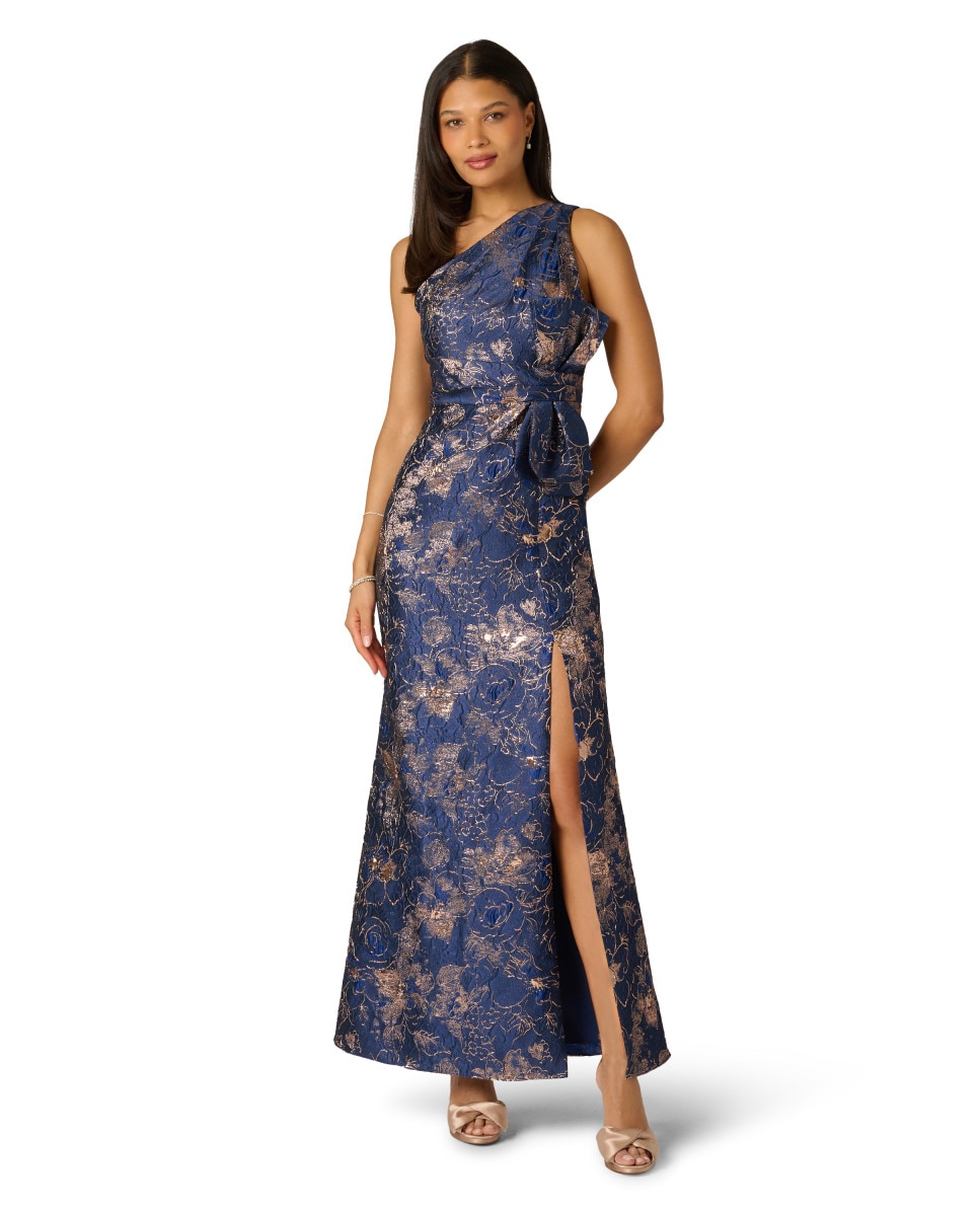Imagen 0 de Vestido floral con escote asimétrico y lazo a la cintura Azul