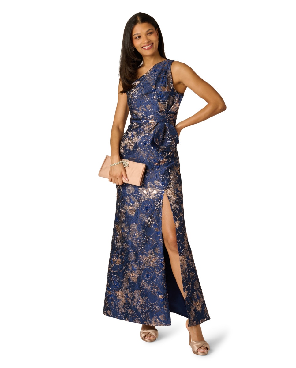 Vestido floral con escote asimétrico y lazo a la cintura - Adrianna Papell - Azul Azul-3