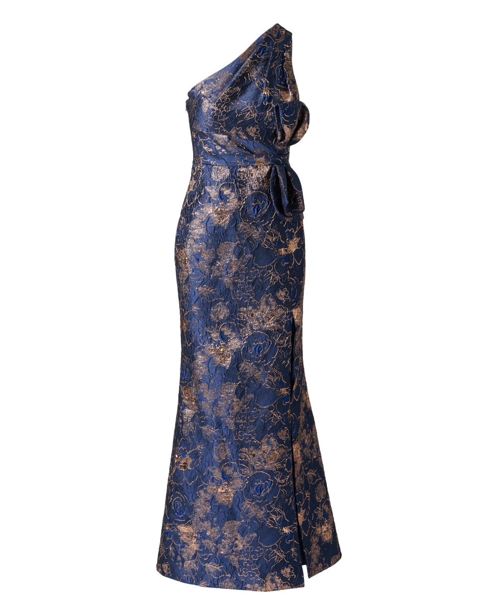 Vestido floral con escote asimétrico y lazo a la cintura - Adrianna Papell - Azul Azul-5