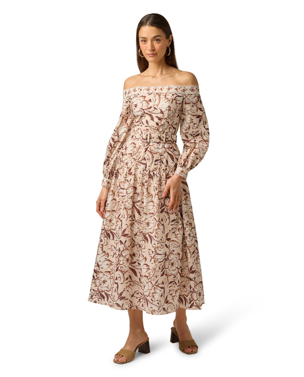 Imagen 0 de Vestido floral de manga larga con cinturón Beige