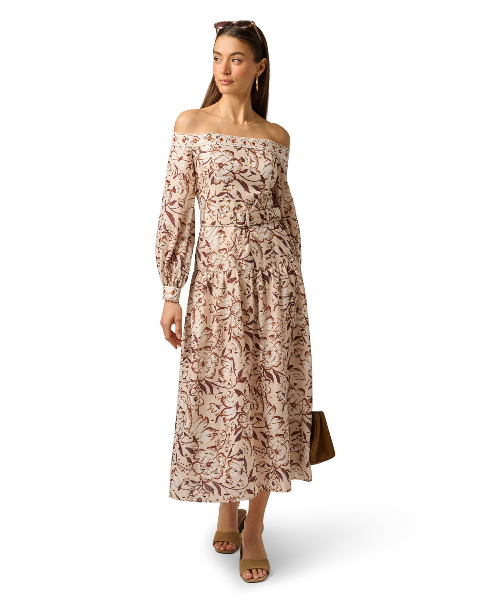 Vestido floral de manga larga con cinturón - Adrianna Papell - Beige Beige-3