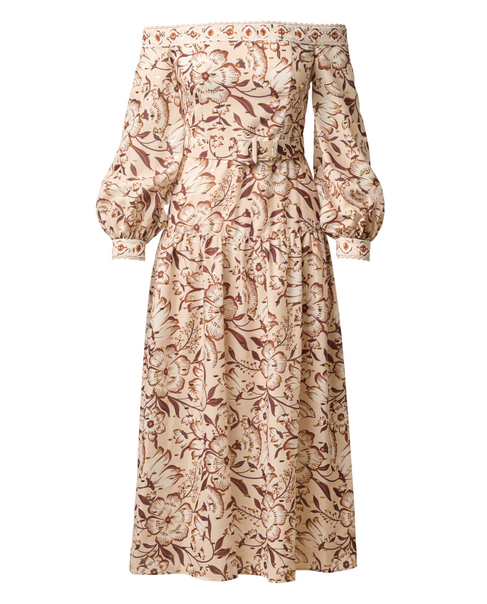 Vestido floral de manga larga con cinturón - Adrianna Papell - Beige Beige-5