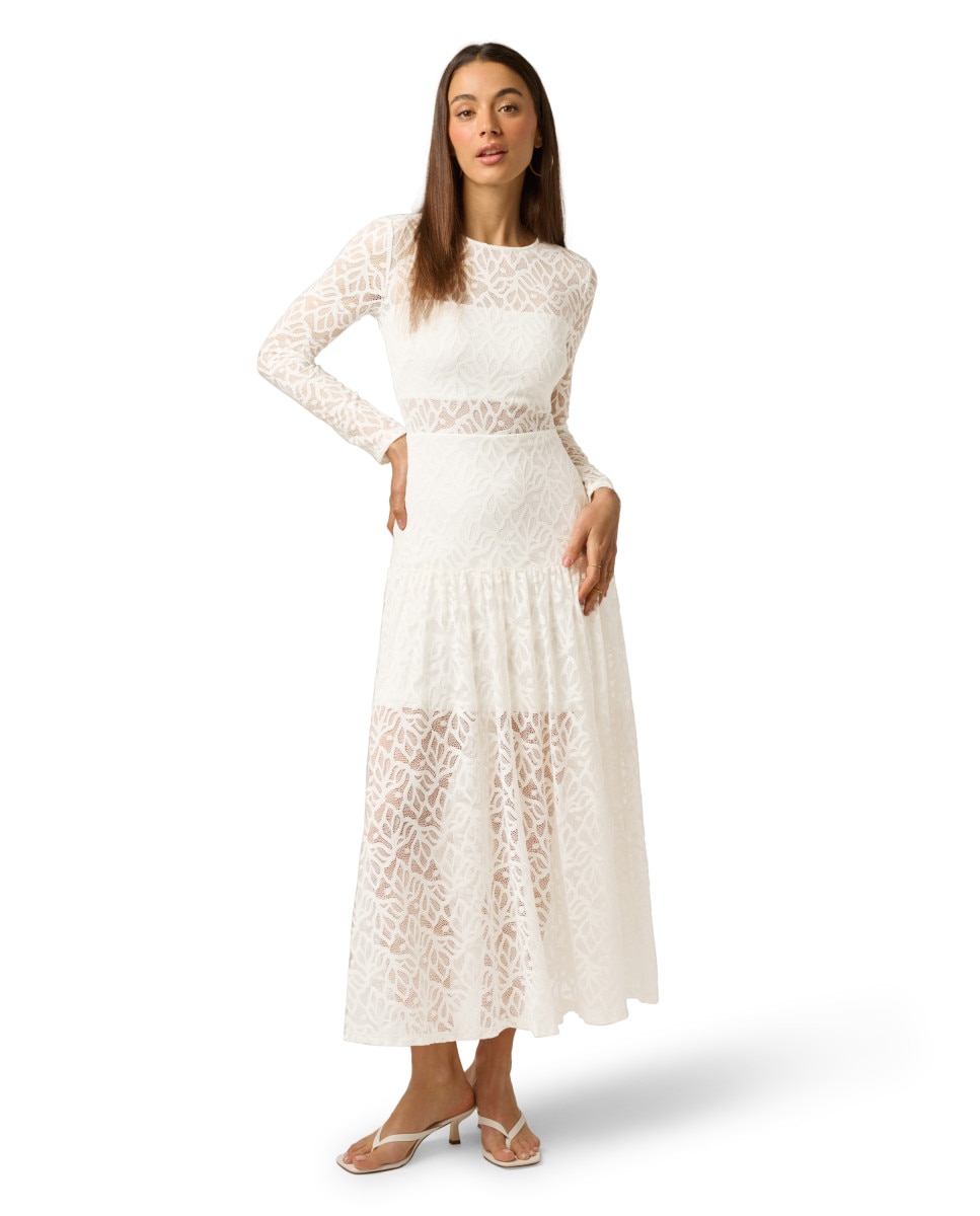 Imagen 0 de Vestido de encaje semi transparente de manga larga Blanco